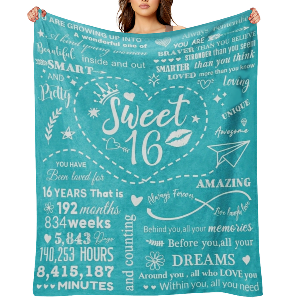 1pc French- Style Knit Polyester Throw Blanket, All- Season Cozy Bedding, with Inspirational Sweet 16 Birthday Print, for 16 Year Old Girls, Perfect Gift from Parents or Friends