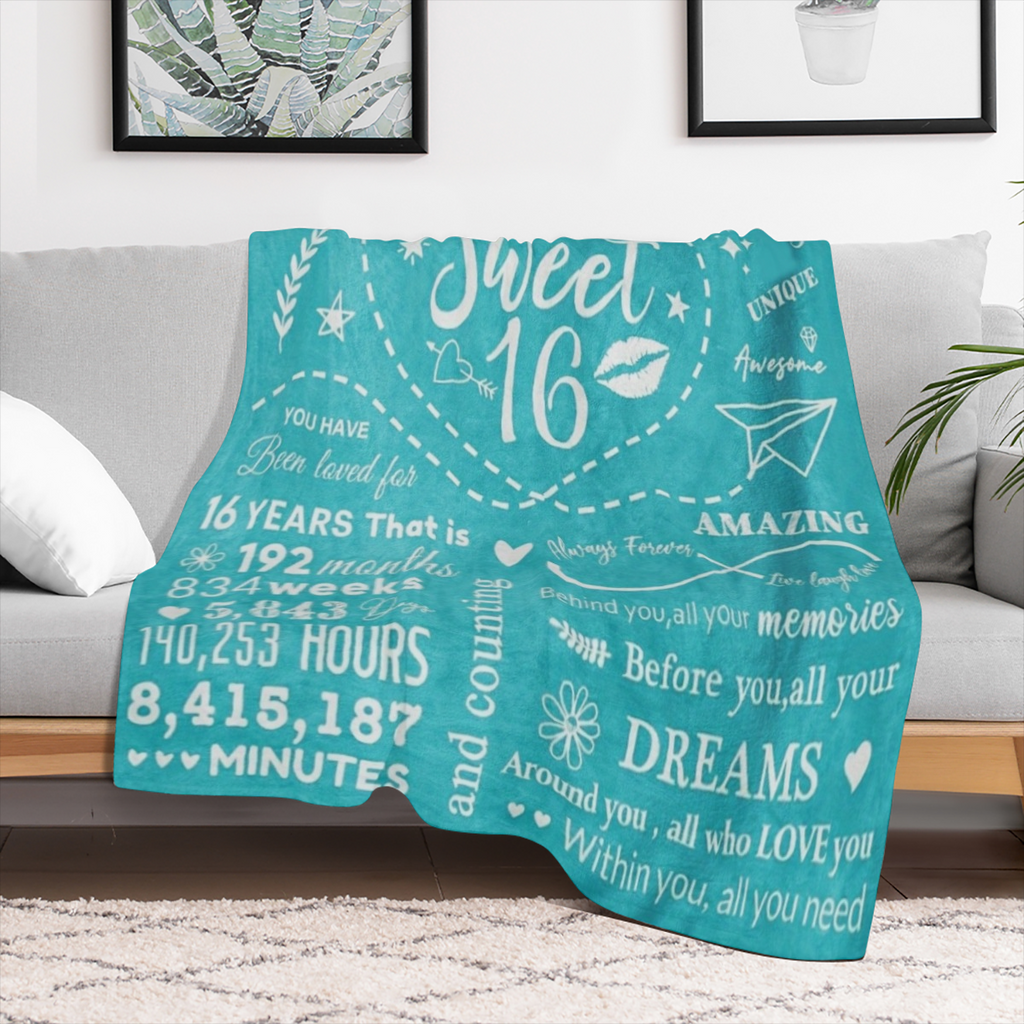 1pc French- Style Knit Polyester Throw Blanket, All- Season Cozy Bedding, with Inspirational Sweet 16 Birthday Print, for 16 Year Old Girls, Perfect Gift from Parents or Friends