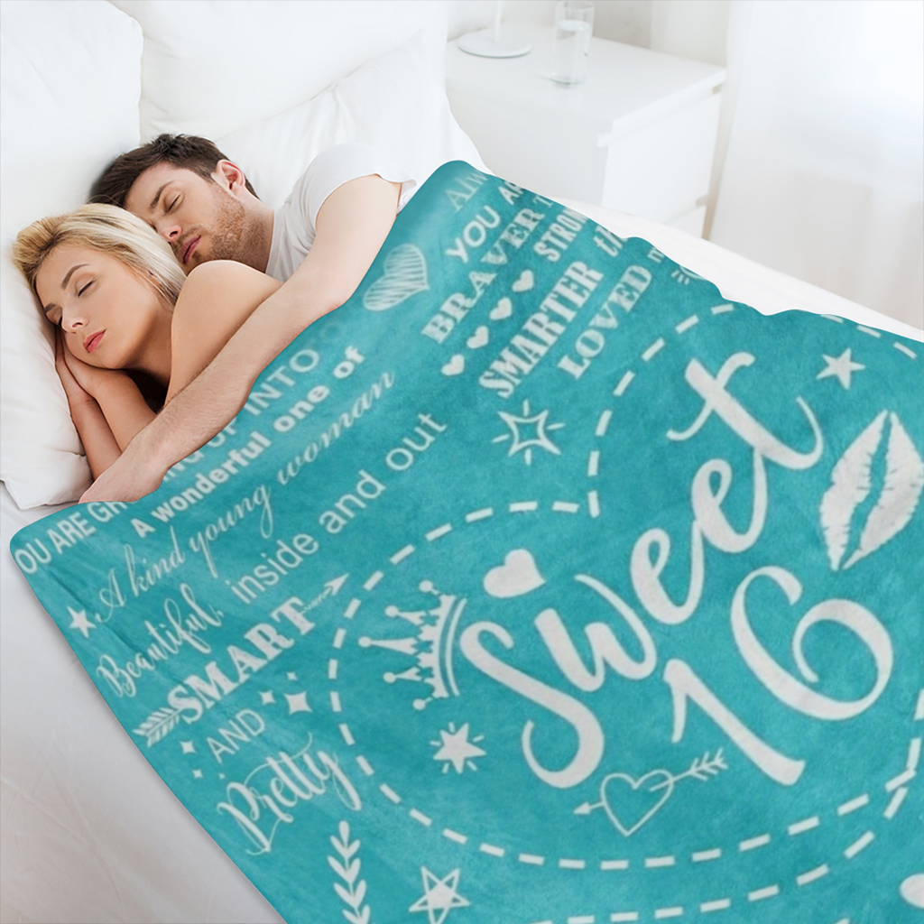 1pc French- Style Knit Polyester Throw Blanket, All- Season Cozy Bedding, with Inspirational Sweet 16 Birthday Print, for 16 Year Old Girls, Perfect Gift from Parents or Friends