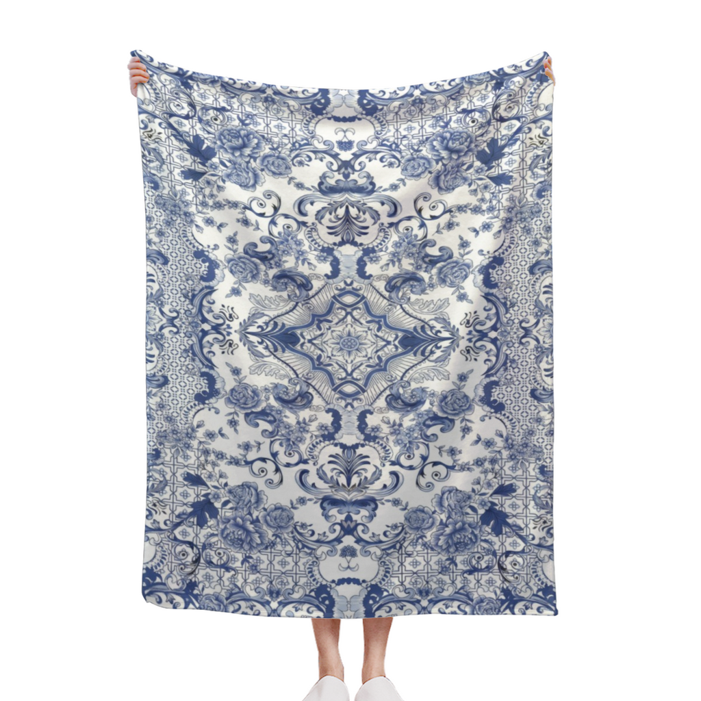 1pc Vintage Blue and White Porcelain Mandala Bohemian Flannel Fleece Throw Blanket - Soft Warm Cozy All-Season Hypoallergenic 200-250gsm, Blue & White Floral Medallion Pattern with Navy Borders, 100%