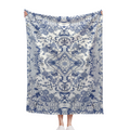 1pc Vintage Blue and White Porcelain Mandala Bohemian Flannel Fleece Throw Blanket - Soft Warm Cozy All-Season Hypoallergenic 200-250gsm, Blue & White Floral Medallion Pattern with Navy Borders, 100%