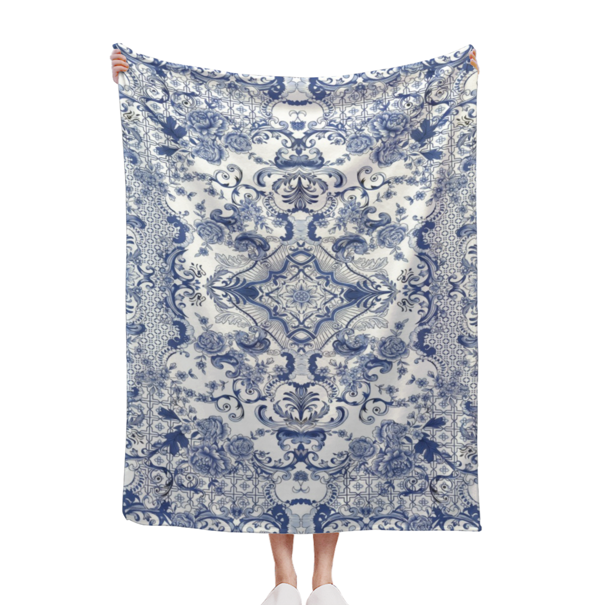 1pc Vintage Blue and White Porcelain Mandala Bohemian Flannel Fleece Throw Blanket - Soft Warm Cozy All-Season Hypoallergenic 200-250gsm, Blue & White Floral Medallion Pattern with Navy Borders, 100%
