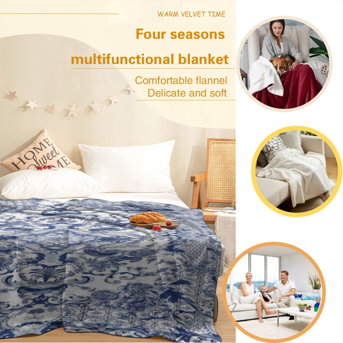 1pc Vintage Blue and White Porcelain Mandala Bohemian Flannel Fleece Throw Blanket - Soft Warm Cozy All-Season Hypoallergenic 200-250gsm, Blue & White Floral Medallion Pattern with Navy Borders, 100%