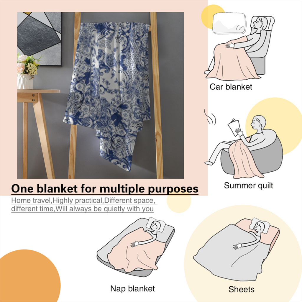 1pc Vintage Blue and White Porcelain Mandala Bohemian Flannel Fleece Throw Blanket - Soft Warm Cozy All-Season Hypoallergenic 200-250gsm, Blue & White Floral Medallion Pattern with Navy Borders, 100%
