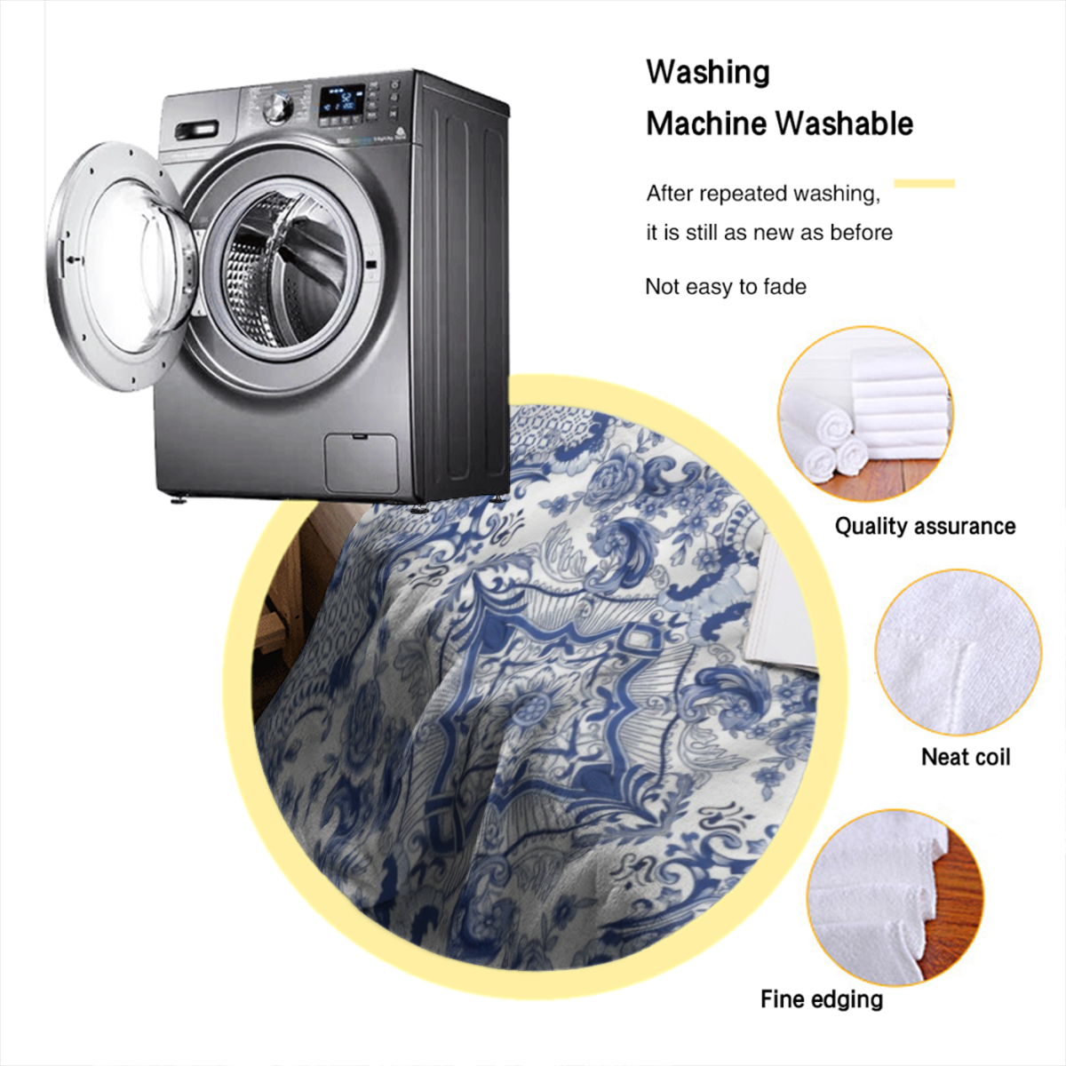 1pc Vintage Blue and White Porcelain Mandala Bohemian Flannel Fleece Throw Blanket - Soft Warm Cozy All-Season Hypoallergenic 200-250gsm, Blue & White Floral Medallion Pattern with Navy Borders, 100%