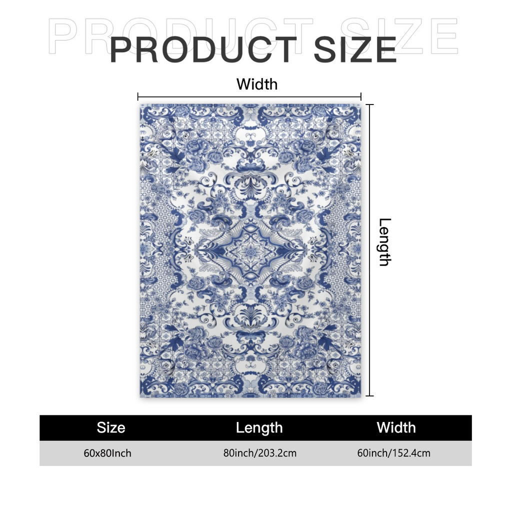1pc Vintage Blue and White Porcelain Mandala Bohemian Flannel Fleece Throw Blanket - Soft Warm Cozy All-Season Hypoallergenic 200-250gsm, Blue & White Floral Medallion Pattern with Navy Borders, 100%
