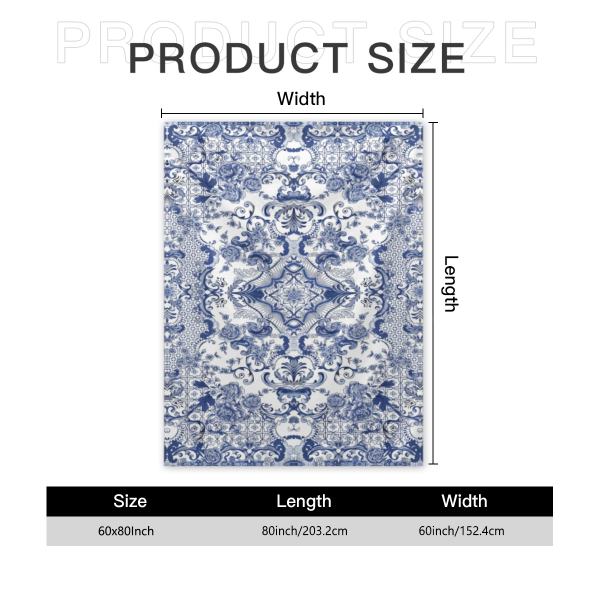 1pc Vintage Blue and White Porcelain Mandala Bohemian Flannel Fleece Throw Blanket - Soft Warm Cozy All-Season Hypoallergenic 200-250gsm, Blue & White Floral Medallion Pattern with Navy Borders, 100%