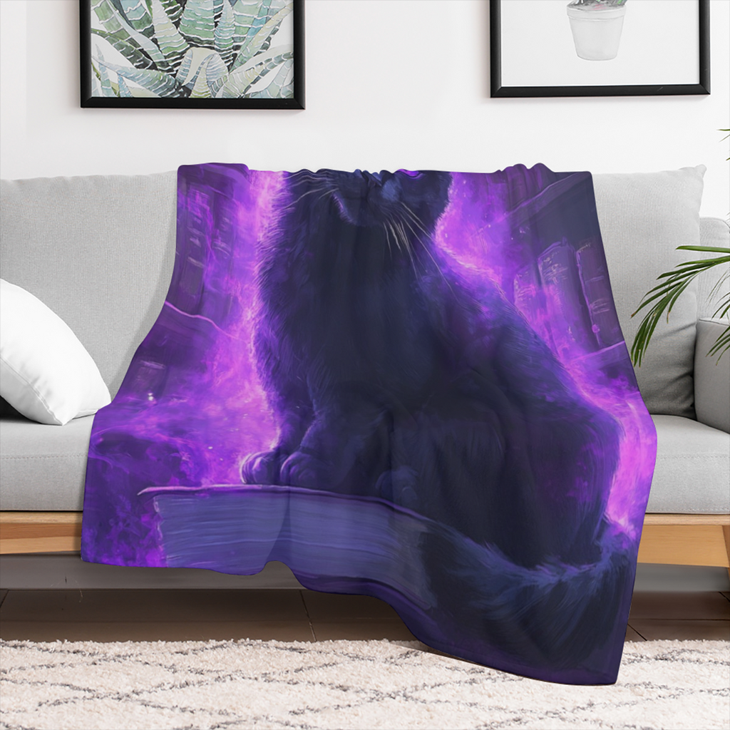 1pc Purple Flame Black Cat Print Flannel Blanket - Ultra- Soft, Warm, and Lightweight Throw for Couch, Sofa, Office, Bed, Camping, and Traveling Nap - All Seasons Holiday Perfect Gift for Friends and