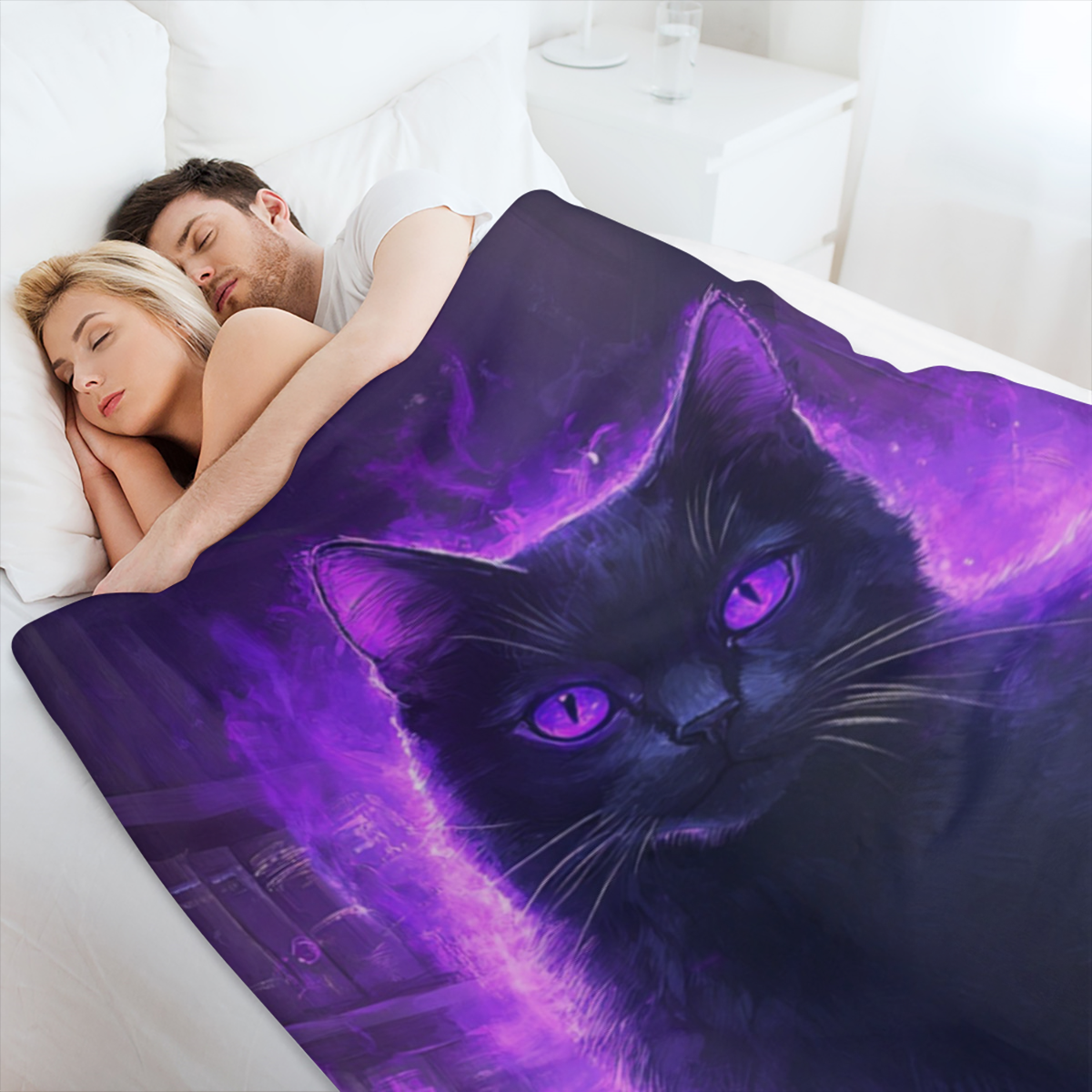 1pc Purple Flame Black Cat Print Flannel Blanket - Ultra- Soft, Warm, and Lightweight Throw for Couch, Sofa, Office, Bed, Camping, and Traveling Nap - All Seasons Holiday Perfect Gift for Friends and