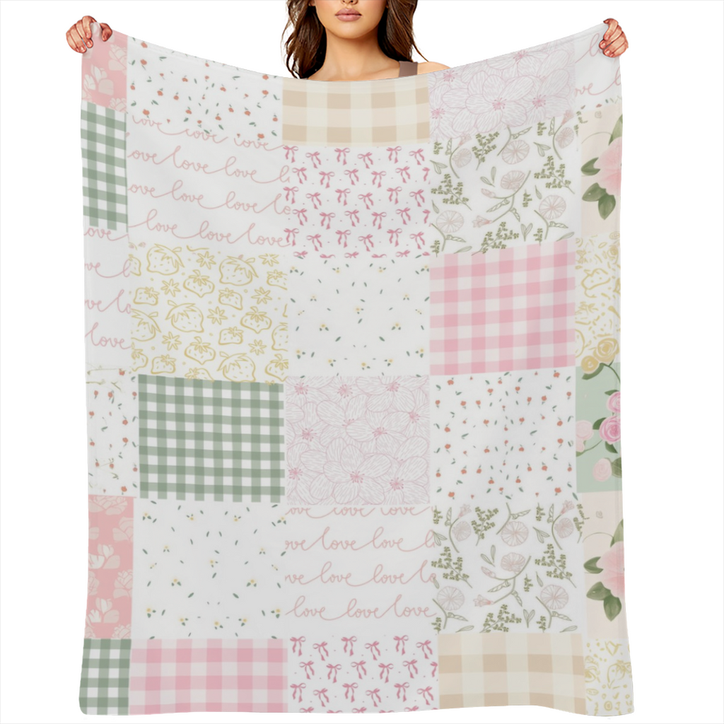 Cozy Patchwork Flannel Throw Soft 1pc Cozy Patchwork Flannel Throw Blanket - Warm All- Season Comfort, Grid Pattern, Strawberry & Floral Design for Sofa, Bed, Home Decor