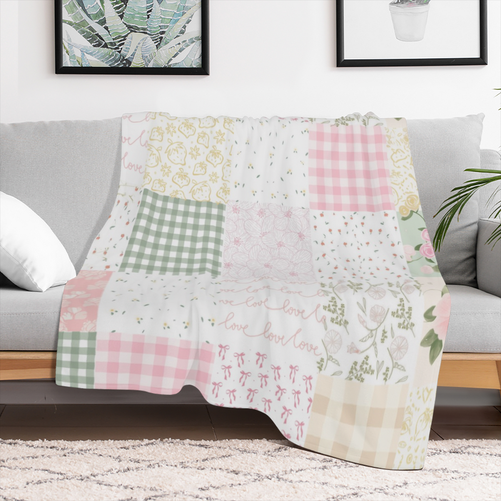 Cozy Patchwork Flannel Throw Soft 1pc Cozy Patchwork Flannel Throw Blanket - Warm All- Season Comfort, Grid Pattern, Strawberry & Floral Design for Sofa, Bed, Home Decor