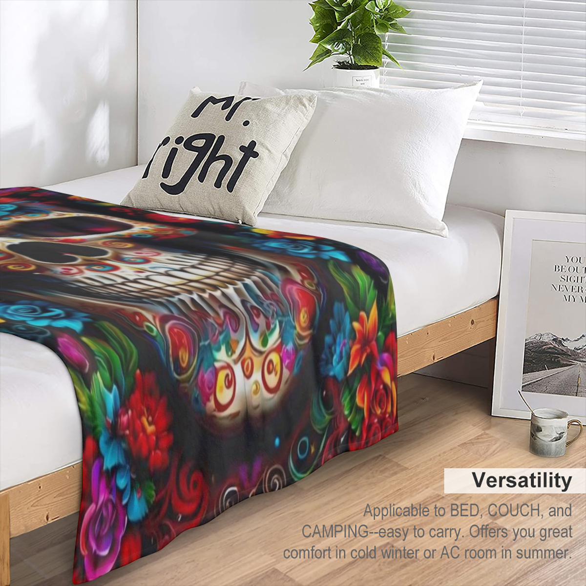 Soft Lightweight Skull Print Blanket - Perfect for Travel Camping and Home Use - Durable Flannel Fabric Multiple Sizes Available for Autumn