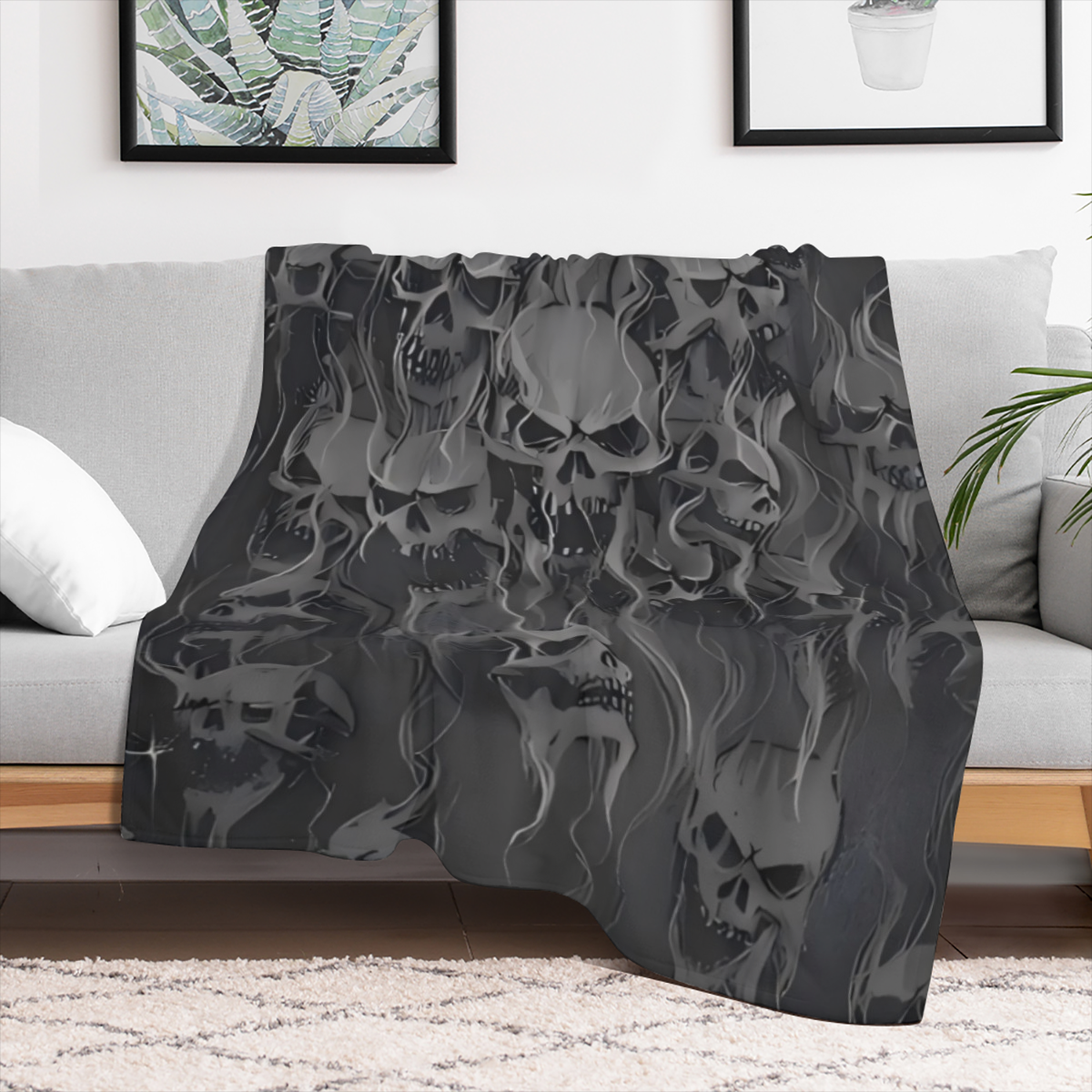 1pc Gothic Skull Print Flannel Fleece Throw Blanket - Vintage Style All-Season Cozy Ultra Soft Microfiber Lightweight Warm Digital Print Washable Ideal for Sofa Bed Office Camping Travel - 250-300gsm