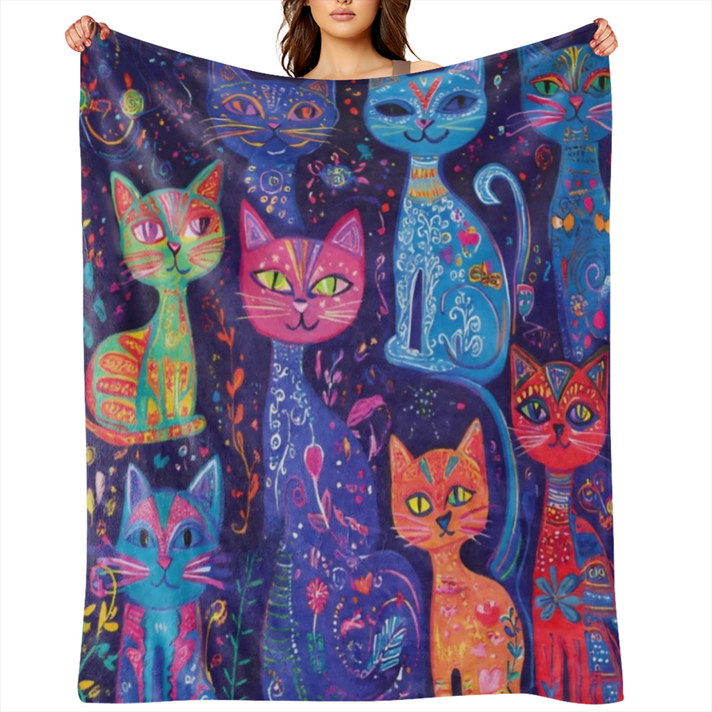 1 Vintage cat print Flannel blanket - soft, comfortable and warm knitted polyester blanket for sofas, beds, offices, camping, travel - Gift blanket for all seasons, digital printing, 250- 300gm2