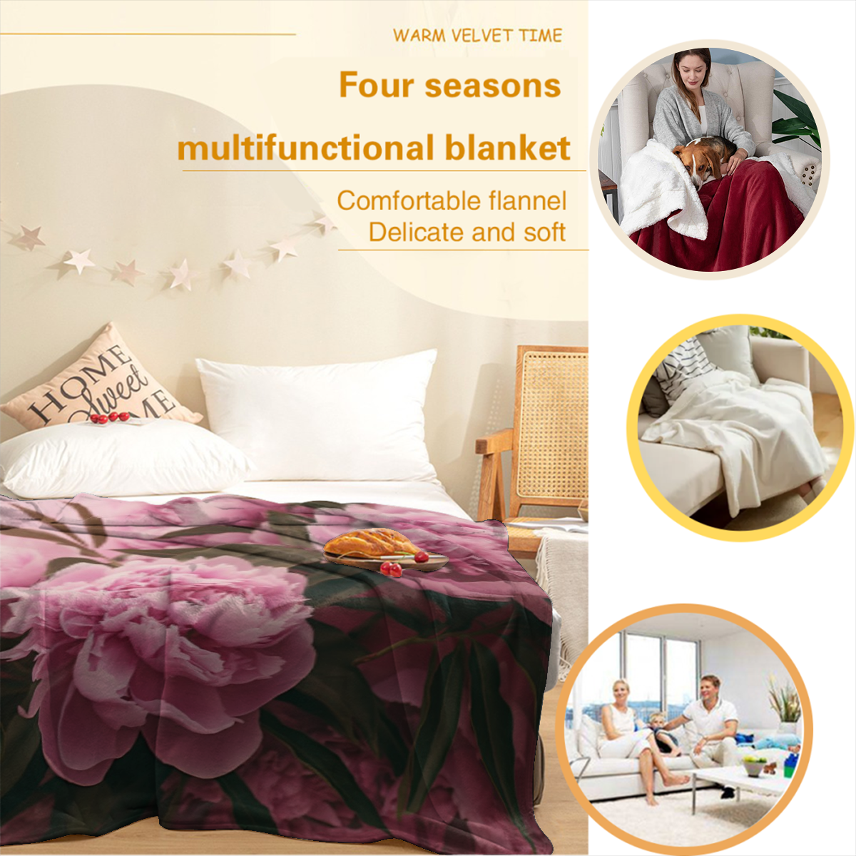 Colorful Peonies Soft Warm Cozy Blanket, Retro Natural Flower Rustic Plants Lightweight Plush Throw Blanket, Home Decor Soft Blanket for Living Bed Room Couch-280GSM