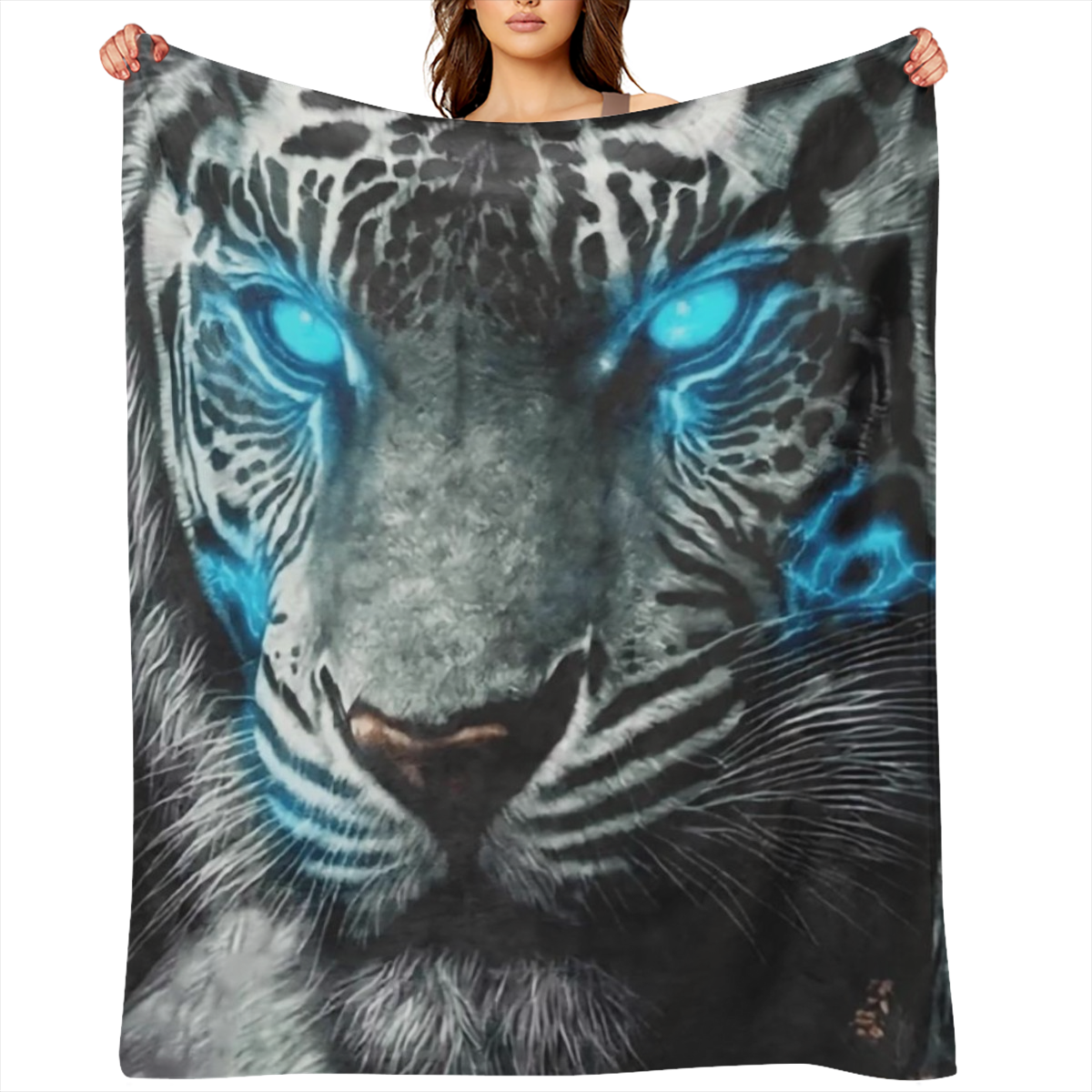 Blue- Eyed Wolf Flannel Digital Print Air Conditioning Blanket - Comfortable & Soft, Perfect for Sofa Cover, All- Season Use, Polyester Blend, 200- 250 gsm, Allseason CoveringPlayful DesignSoft Textur
