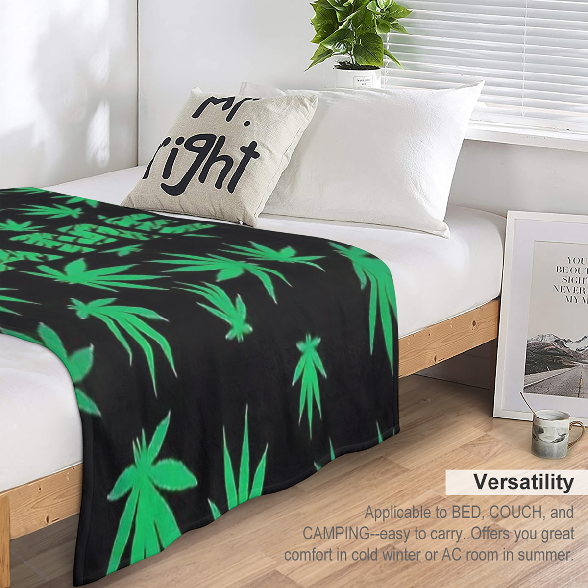 1 Green leaf pattern flannel blanket - soft, warm, allergy-resistant, rip-resistant digital printed blanket for sofas, beds, travel, camping and living rooms - machine washable, modern, all-season