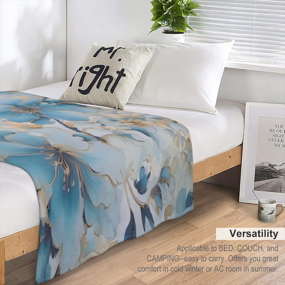 Blue Flower Style Print Blanket for Kids Girls Boys Flannel Blanket Print Soft Blankets and Throws for Sofa Couch Bed Blanket