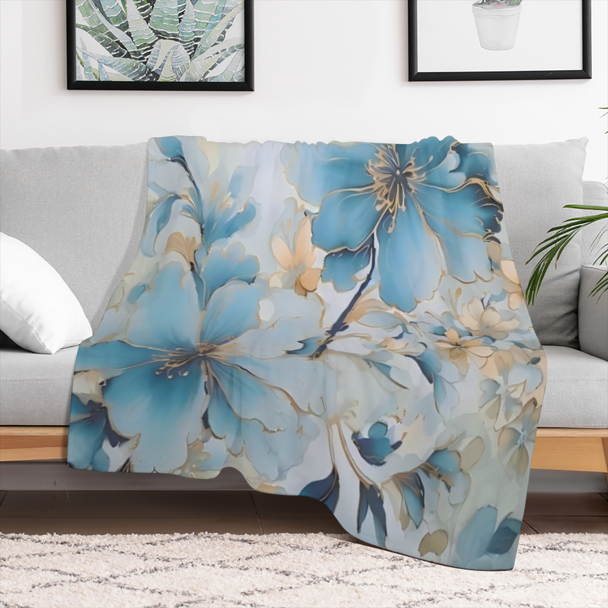 Blue Flower Style Print Blanket for Kids Girls Boys Flannel Blanket Print Soft Blankets and Throws for Sofa Couch Bed Blanket