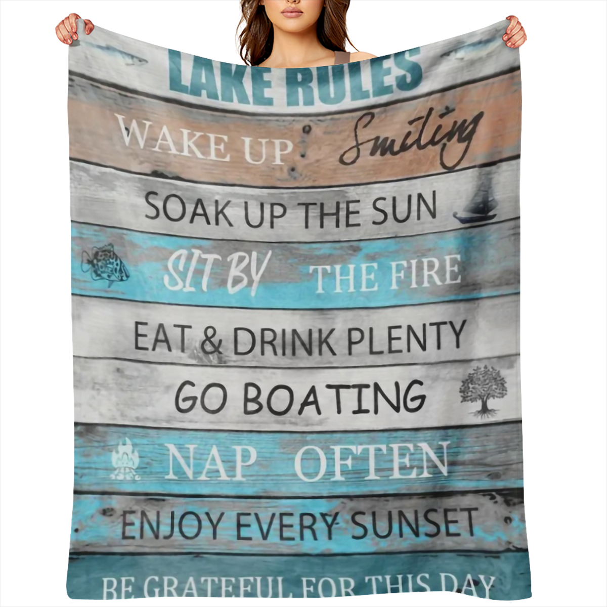 1pc Ultra- Soft Flannel Lake Rules Throw Blanket - Warm, Cozy, and Rustic Decor for Lake House, Cabin, or Porch - Green, Sherpa Fleece, Lake- Inspired Design, Perfect for Paddling, Boating, or Relaxin