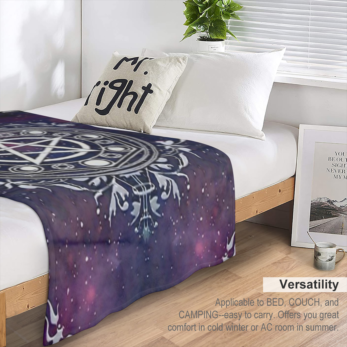 Pagan Mystery Mandala Blanket - Polyester Flannel Pentagram Design Bed Sofa Living Room Black Magic Black Craft Theme Large Size