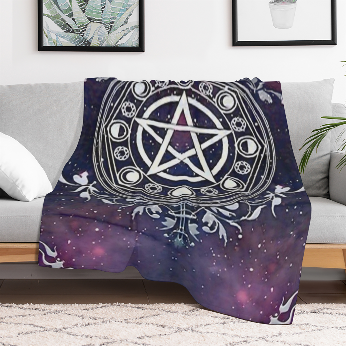 Pagan Mystery Mandala Blanket - Polyester Flannel Pentagram Design Bed Sofa Living Room Black Magic Black Craft Theme Large Size