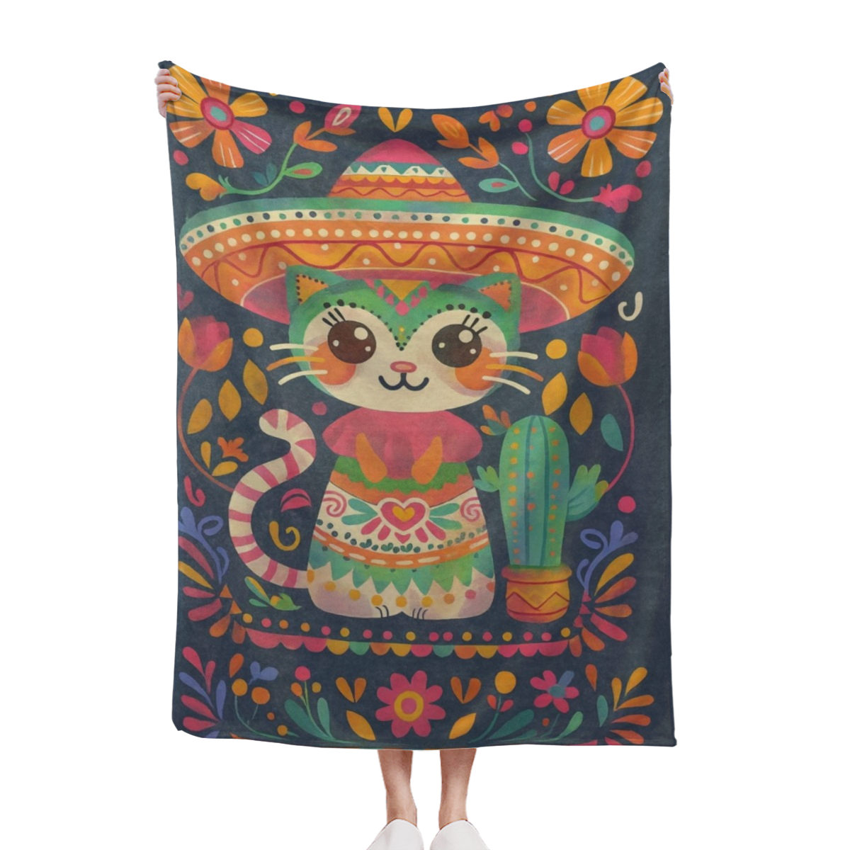 Mexican Traditional Attire Cat Blanket Gifts For Kids Women, Exotic Flowers Potted Cactus Throw Blankets For Sofa Office Couch Room Decor, Cozy Lightweight Warm Soft Throws,