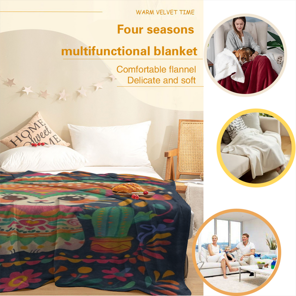 Mexican Traditional Attire Cat Blanket Gifts For Kids Women, Exotic Flowers Potted Cactus Throw Blankets For Sofa Office Couch Room Decor, Cozy Lightweight Warm Soft Throws,