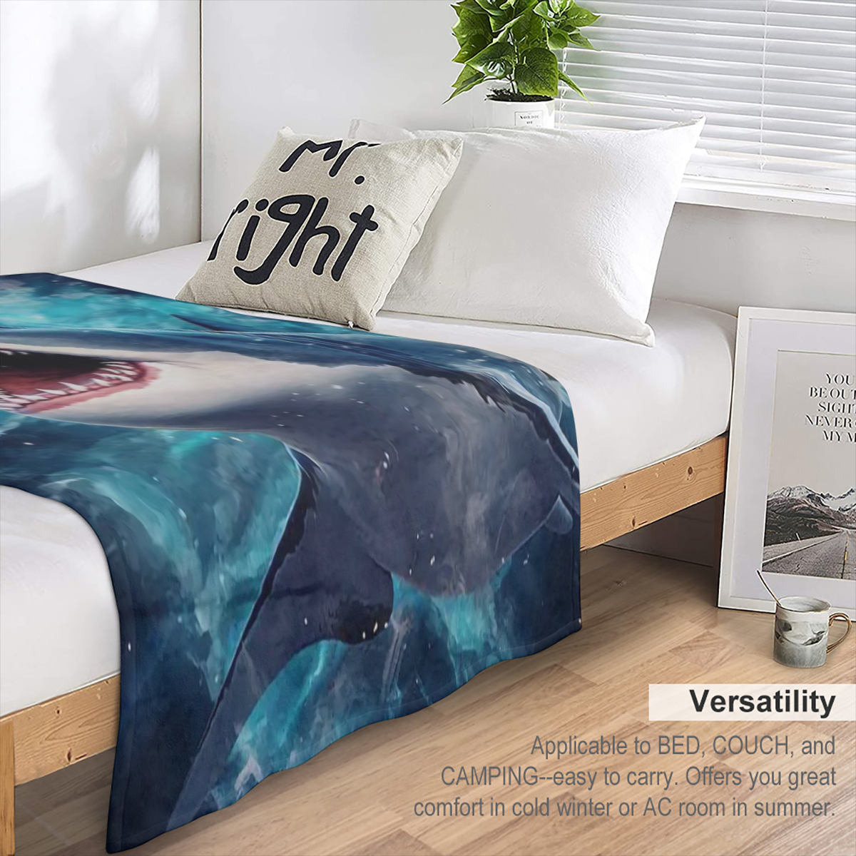 1pc Cozy Shark Blanket - Soft, Lightweight, Flannel Throw Blanket for Sofa, Bed, Travel, Camping, Living Room, Office, Couch, Chair, and Bed - Warm, Plush, Space- Saving, and Versatile