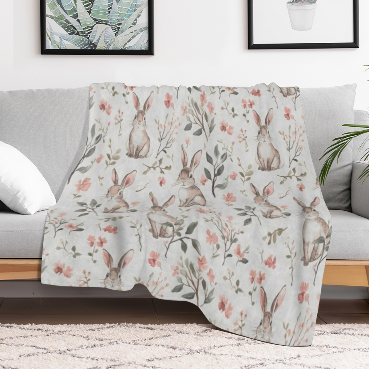 Cute Bunny and Blossom Fleece Blanket 60x80in Rabbit and Floral Throw Blankets, Soft Cozy Lightweight, Ideal for Living Room Home Rustic Farmhouse Decor and Kids Women Girls Spring Gifts