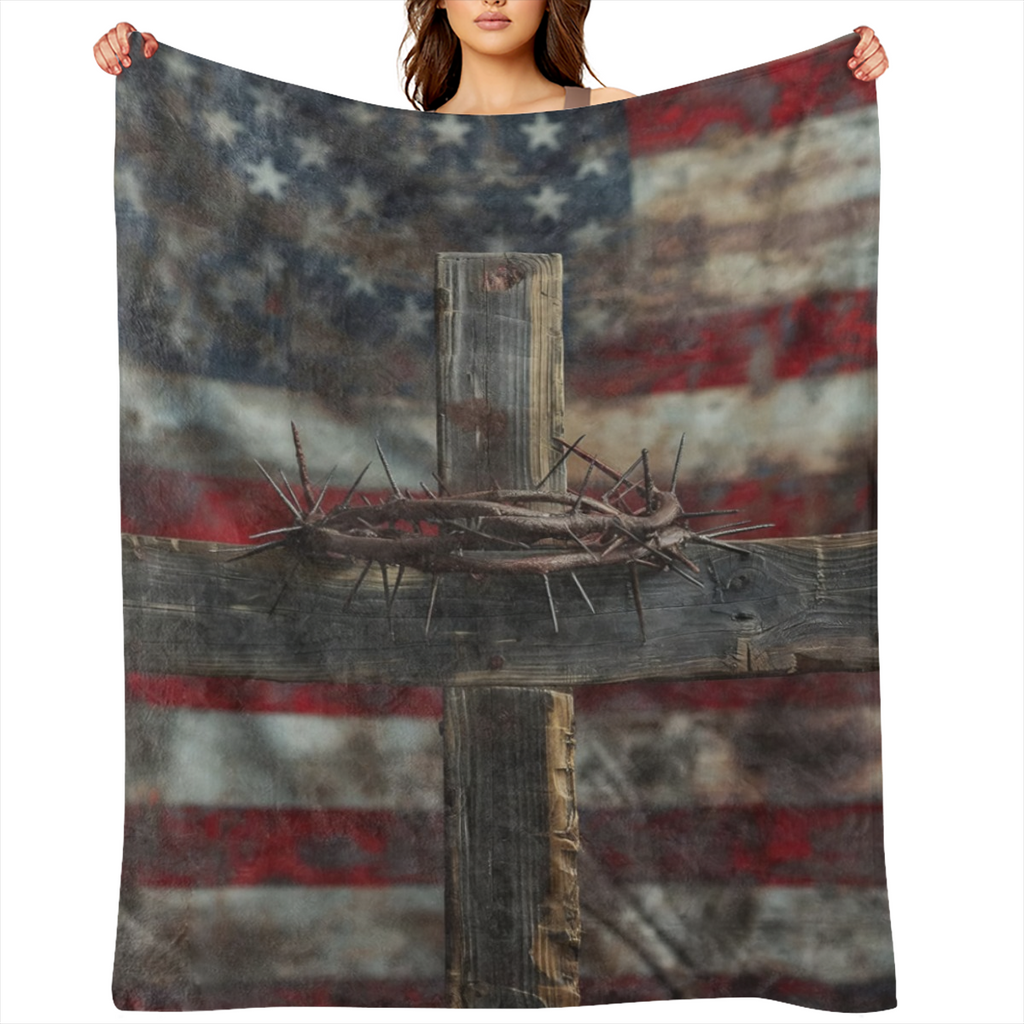 American Flag Cross Throw Blanket 40x50, Patriotic Theme Blankets for Living Room Decor, Soft Flannel Polyester Cozy Gifts for Adults