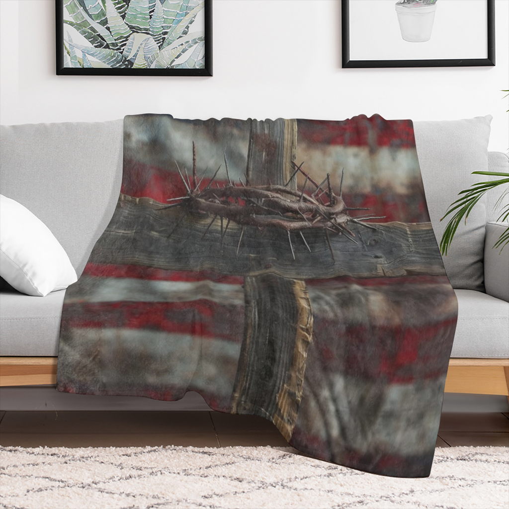 American Flag Cross Throw Blanket 40x50, Patriotic Theme Blankets for Living Room Decor, Soft Flannel Polyester Cozy Gifts for Adults