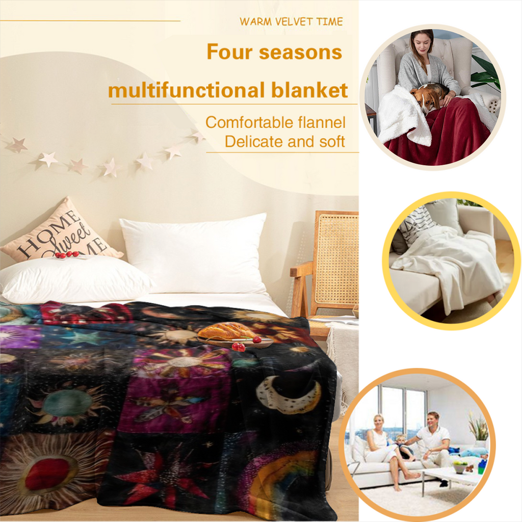 300GSM Vintage Sun And Moon Print Flannel Blanket - Soft Cozy All-Season Throw For Sofa, Bed, Office, Camping, Travel - 100% Polyester Knitted Fabric, Ideal Gift For Any Occasion, Cute Blanket, Seamle