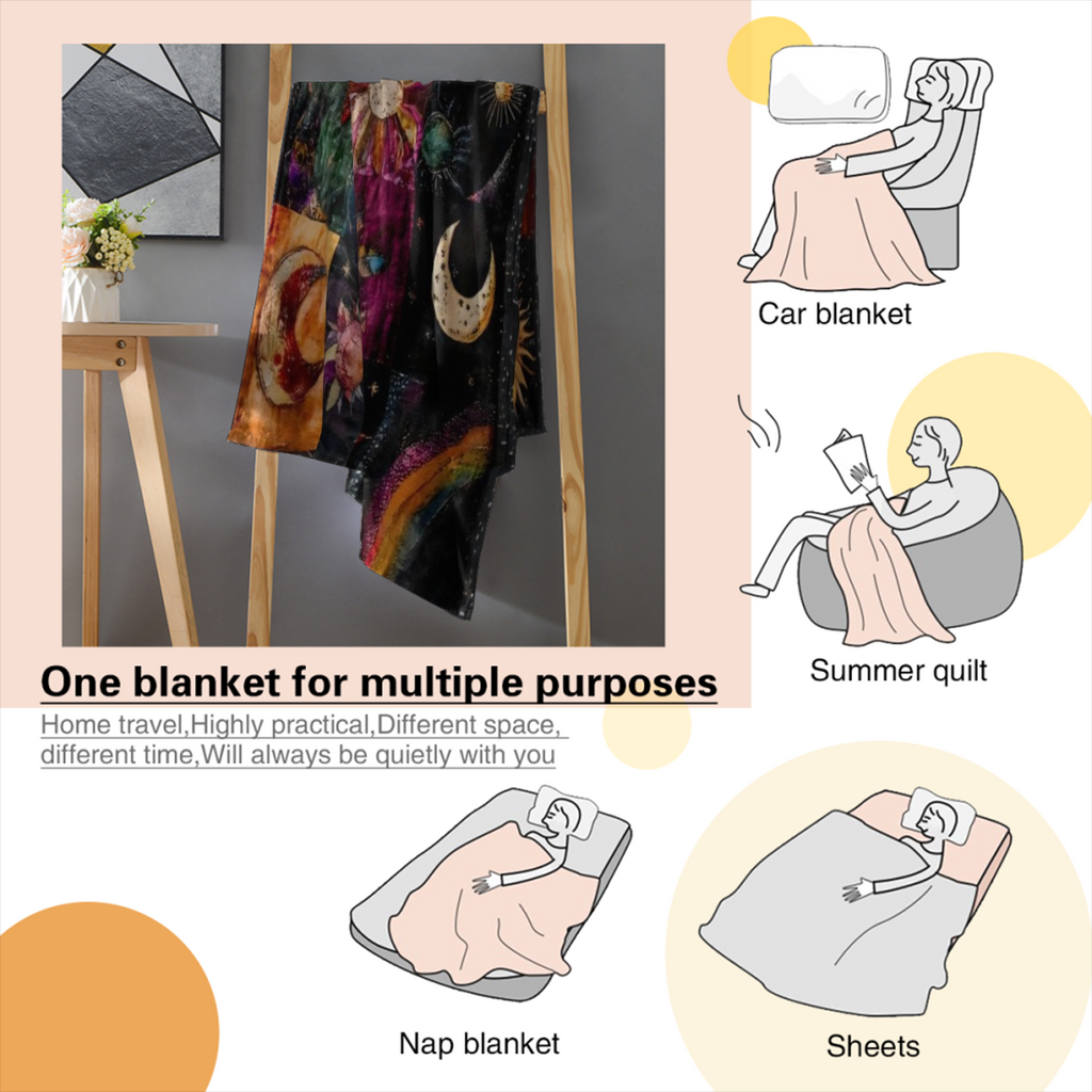 300GSM Vintage Sun And Moon Print Flannel Blanket - Soft Cozy All-Season Throw For Sofa, Bed, Office, Camping, Travel - 100% Polyester Knitted Fabric, Ideal Gift For Any Occasion, Cute Blanket, Seamle