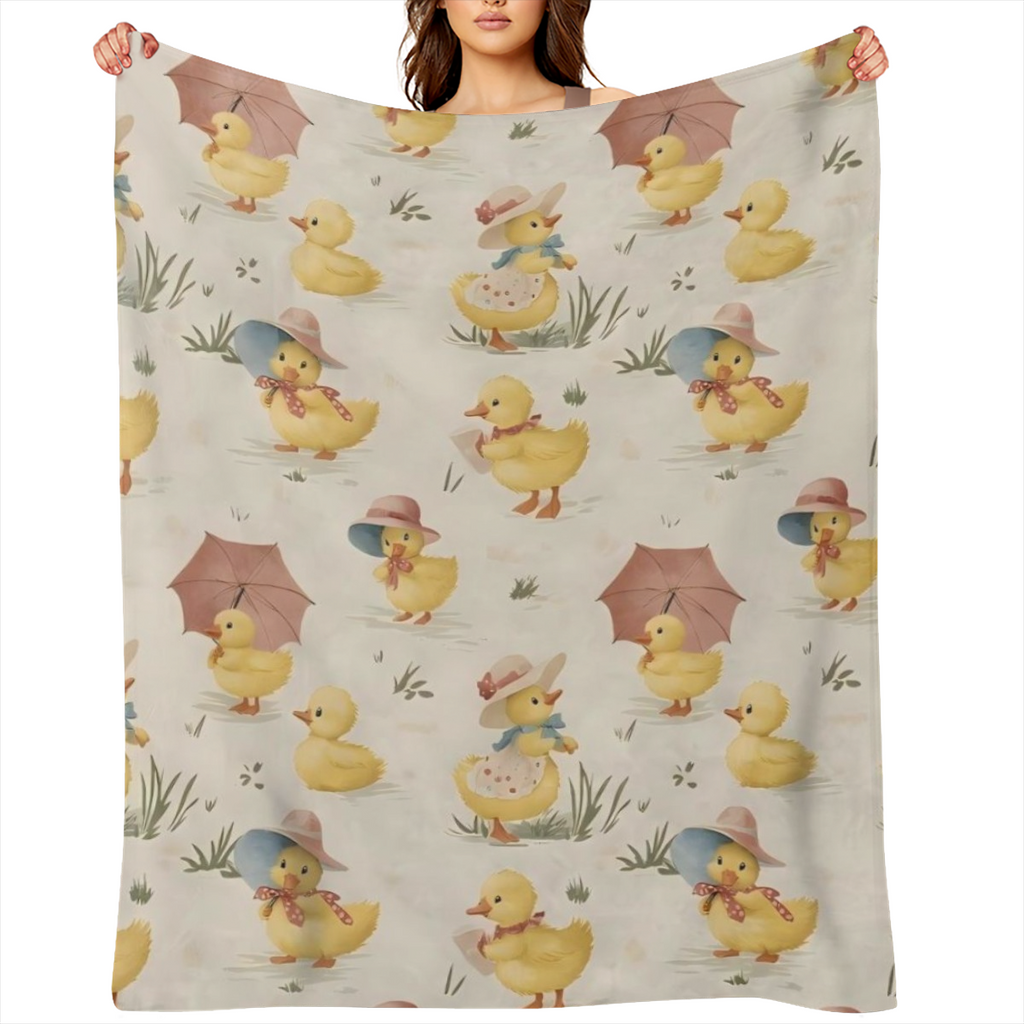 Cute Duck Fleece Blanket - Adorable Duckling in Hat and Parasol Throw Blankets, Soft Cozy Lightweight, Ideal for Living Room Home Farmhouse Decor and Women Spring Gifts