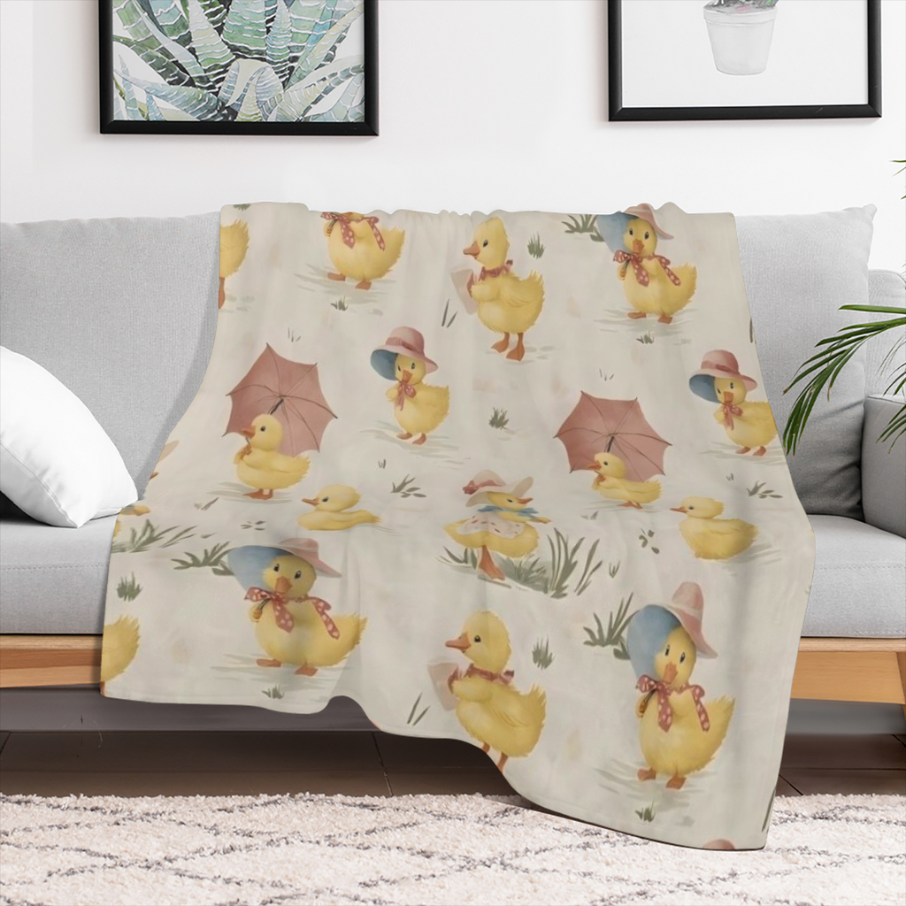 Cute Duck Fleece Blanket - Adorable Duckling in Hat and Parasol Throw Blankets, Soft Cozy Lightweight, Ideal for Living Room Home Farmhouse Decor and Women Spring Gifts