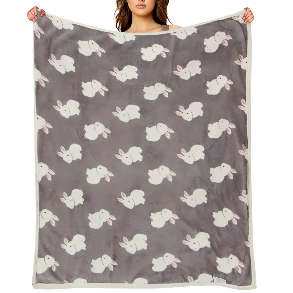 1pc Ultra-Soft Thickened Double-Layer Youngsters' Flannel Blanket with Cute Rabbit Pattern - Cozy, Comfortable, Machine Washable in Gray/Green - Ideal for Spring & Autumn