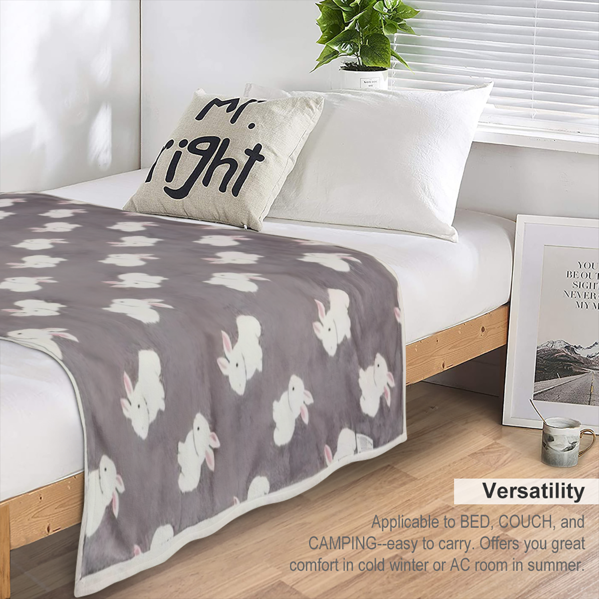 1pc Ultra-Soft Thickened Double-Layer Youngsters' Flannel Blanket with Cute Rabbit Pattern - Cozy, Comfortable, Machine Washable in Gray/Green - Ideal for Spring & Autumn