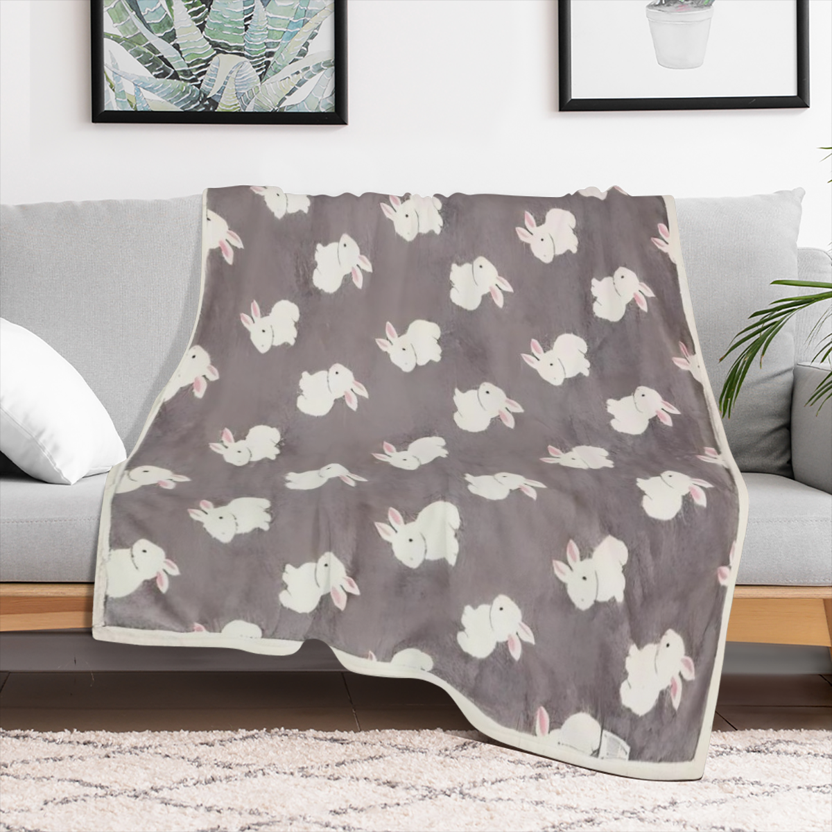 1pc Ultra-Soft Thickened Double-Layer Youngsters' Flannel Blanket with Cute Rabbit Pattern - Cozy, Comfortable, Machine Washable in Gray/Green - Ideal for Spring & Autumn