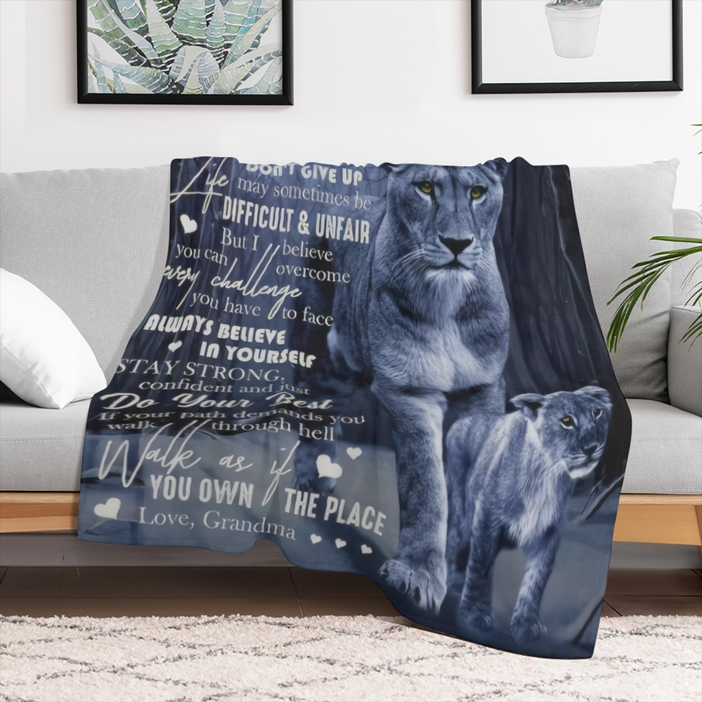 1pc Lion Print Envelope Blanket, To My Grandson From Grandma Flannel Blanket, Soft Warm Throw Blanket Nap Blanket For Couch Sofa Office Bed Camping Travel, Multi- purpose Gift Blanket For All Season