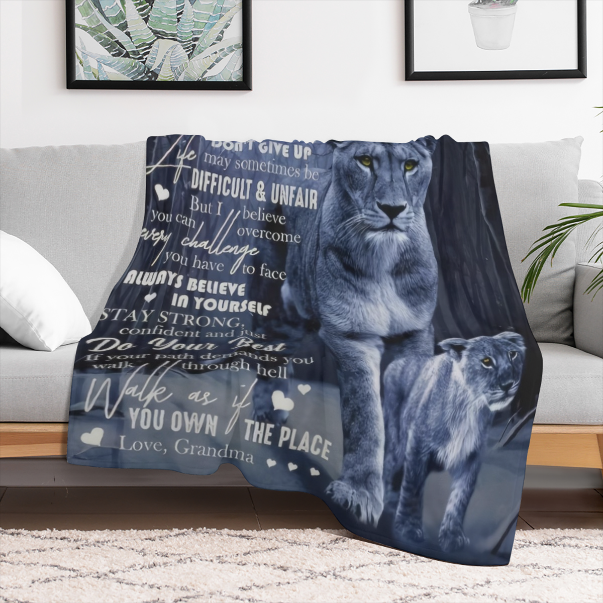 1pc Lion Print Envelope Blanket, To My Grandson From Grandma Flannel Blanket, Soft Warm Throw Blanket Nap Blanket For Couch Sofa Office Bed Camping Travel, Multi- purpose Gift Blanket For All Season