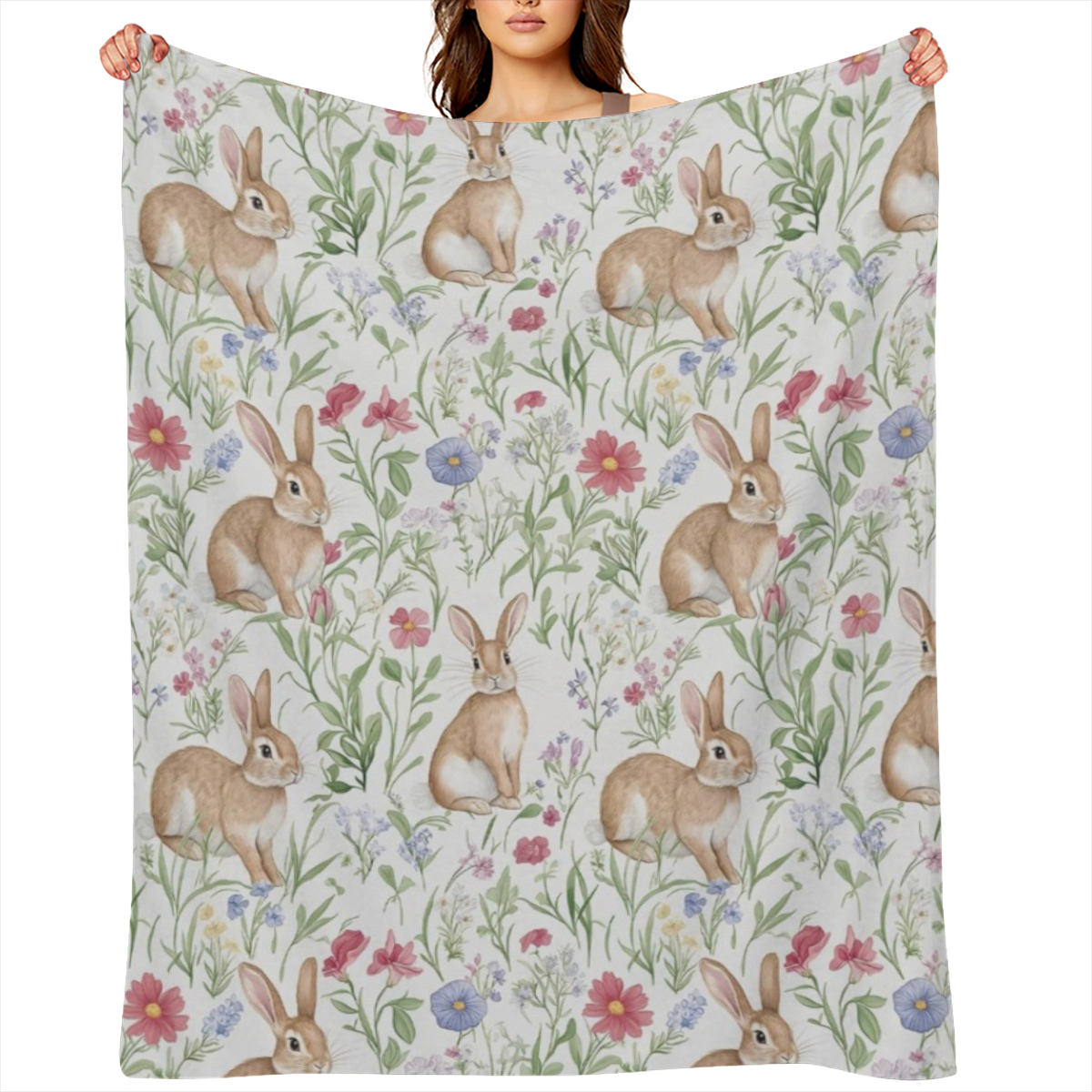 Adorable Rabbit & Floral Blanket, Soft Cozy Flannel Throw Blanket for Bed, Couch, Travel & Home Decor, Lightweight Warm Fuzzy Blankets for Women Men