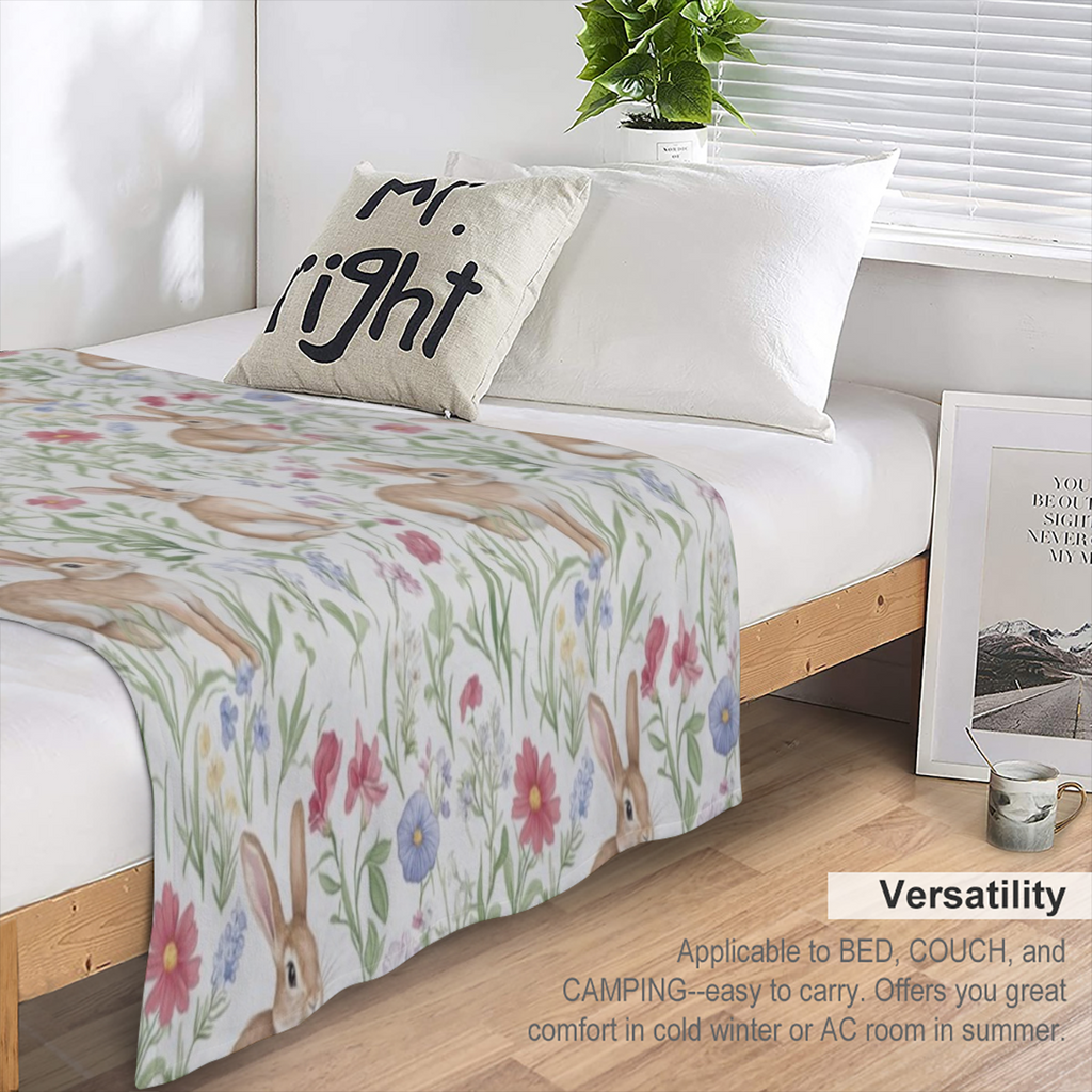 Adorable Rabbit & Floral Blanket, Soft Cozy Flannel Throw Blanket for Bed, Couch, Travel & Home Decor, Lightweight Warm Fuzzy Blankets for Women Men