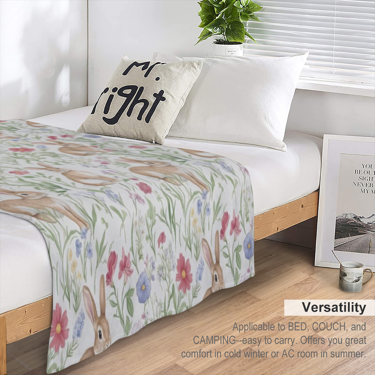 Adorable Rabbit & Floral Blanket, Soft Cozy Flannel Throw Blanket for Bed, Couch, Travel & Home Decor, Lightweight Warm Fuzzy Blankets for Women Men