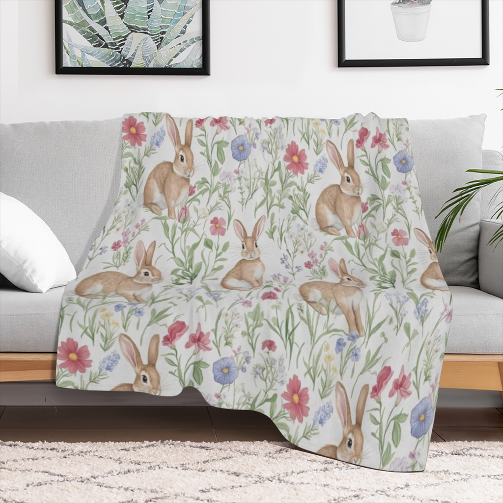 Adorable Rabbit & Floral Blanket, Soft Cozy Flannel Throw Blanket for Bed, Couch, Travel & Home Decor, Lightweight Warm Fuzzy Blankets for Women Men