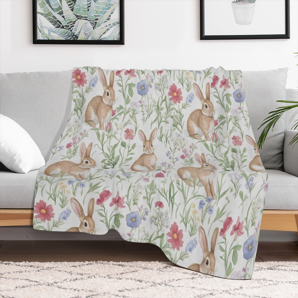 Adorable Rabbit & Floral Blanket, Soft Cozy Flannel Throw Blanket for Bed, Couch, Travel & Home Decor, Lightweight Warm Fuzzy Blankets for Women Men