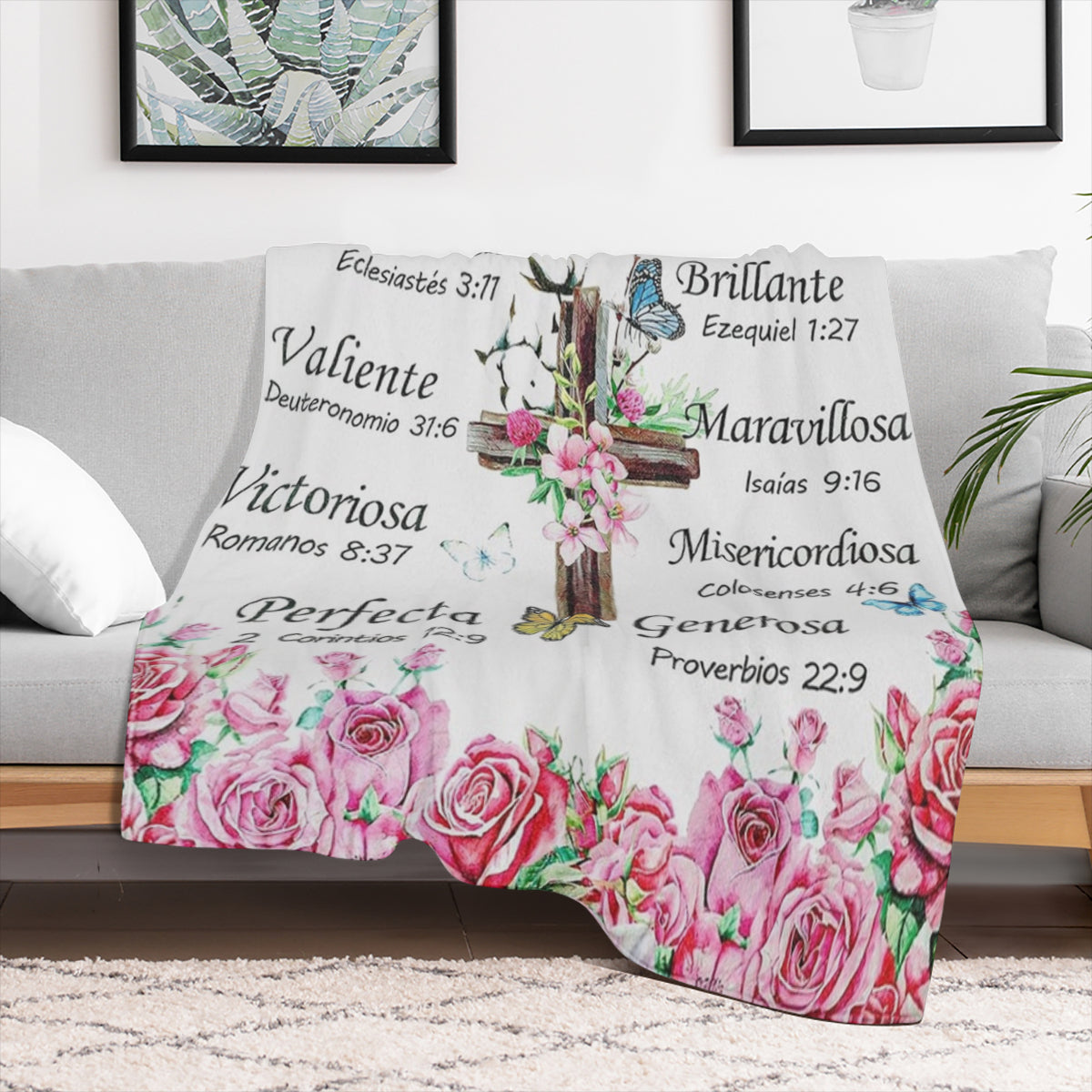 Manta Cristiana Espaola de Buryeah - Regalo Religioso de Franela Suave con Cruz Floral y Versculos Bblicos, Manta Inspiradora para Mujeres, 4 Tamaos ( de 30x40in a 50x60in) , Lavable a Mquina, Diseo F