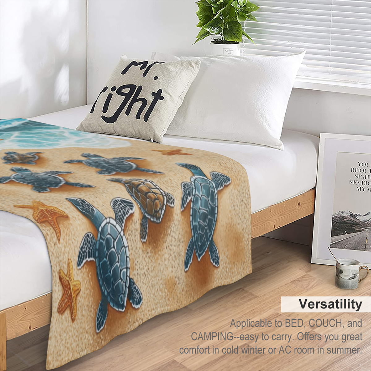 1pc Cozy Turtle Beach Blanket - Lightweight Flannel Throw with Oceanic Design for Sofa, Bed, Travel, Camping, Living Room, Office - Soft, Warm Polyester Fleece, All- Season Comfort, Sea Turtle Decor