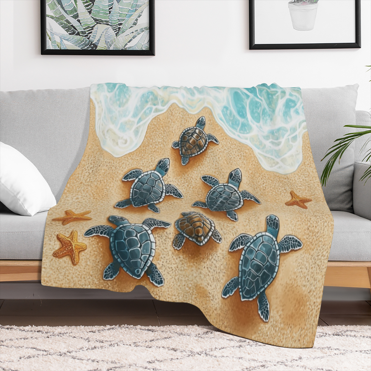 1pc Cozy Turtle Beach Blanket - Lightweight Flannel Throw with Oceanic Design for Sofa, Bed, Travel, Camping, Living Room, Office - Soft, Warm Polyester Fleece, All- Season Comfort, Sea Turtle Decor