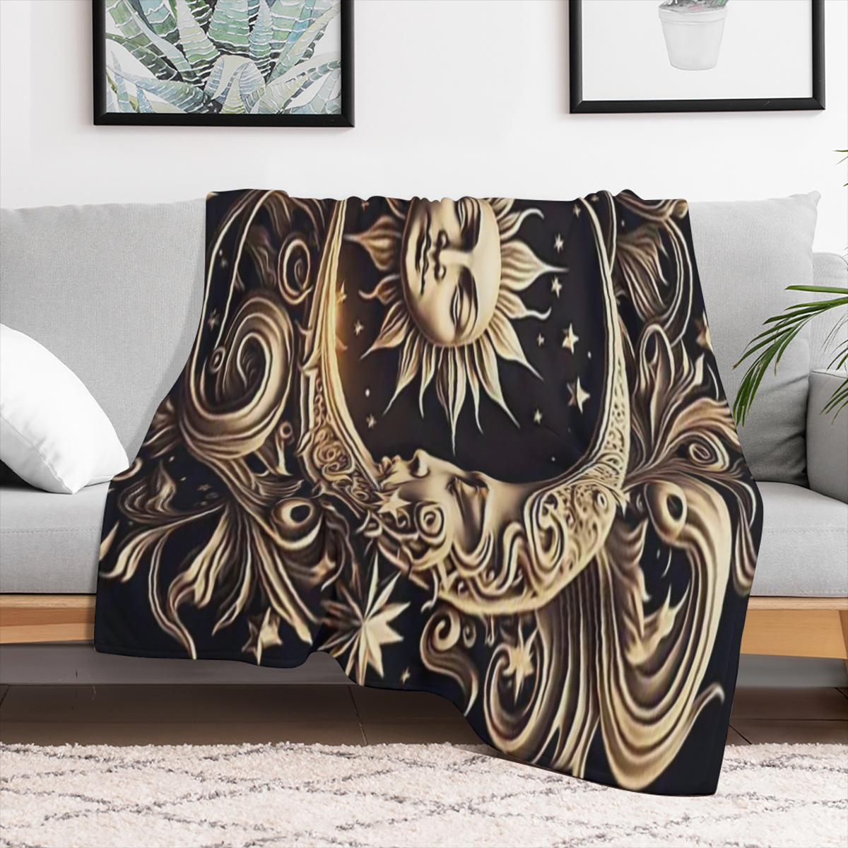 Sun and Moon Celestial Flannel Blanket - 100 Polyester, Soft and Cozy for Sofa, Chair, and Picnic Decor, Large Size Over 2.16 Square Meters, Versatile Throw Blanket Celestial Motif Design Warm Polyest